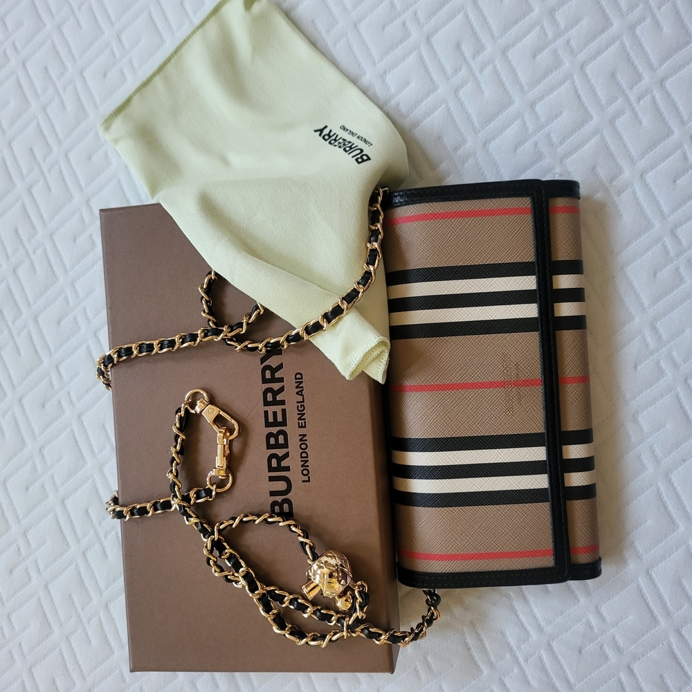 Burberry Beige and Black Checkered Wallet with Gold Chain.